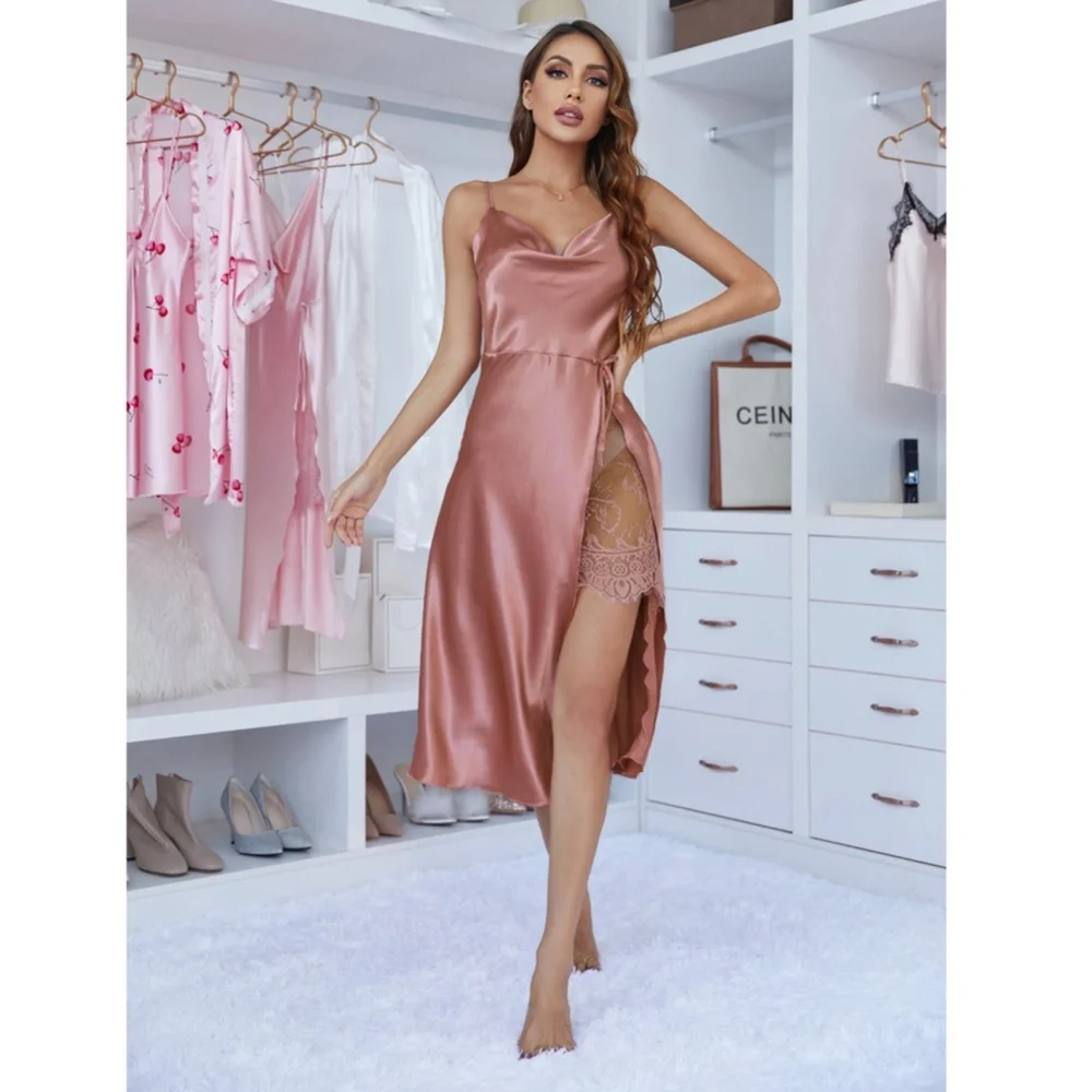 Pink Satin Lace Detail High Slit Night Slip - Picture 3 of 7